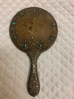 Antique Ornate Vanity Hand-Held Mirror W/ Turquoise Accent, Marked G. Silver